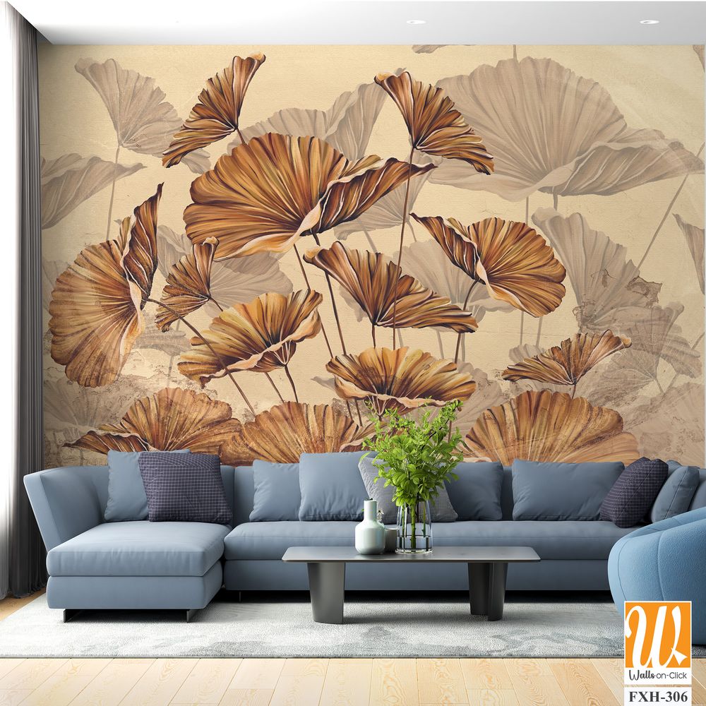 Golden leaves on a beige textured wall, art drawing, interior photo wallpaper [WP-FXH-306]