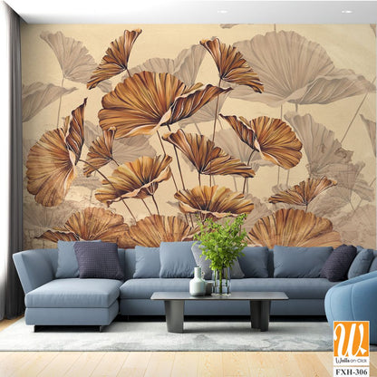 Golden leaves on a beige textured wall, art drawing, interior photo wallpaper [WP-FXH-306]