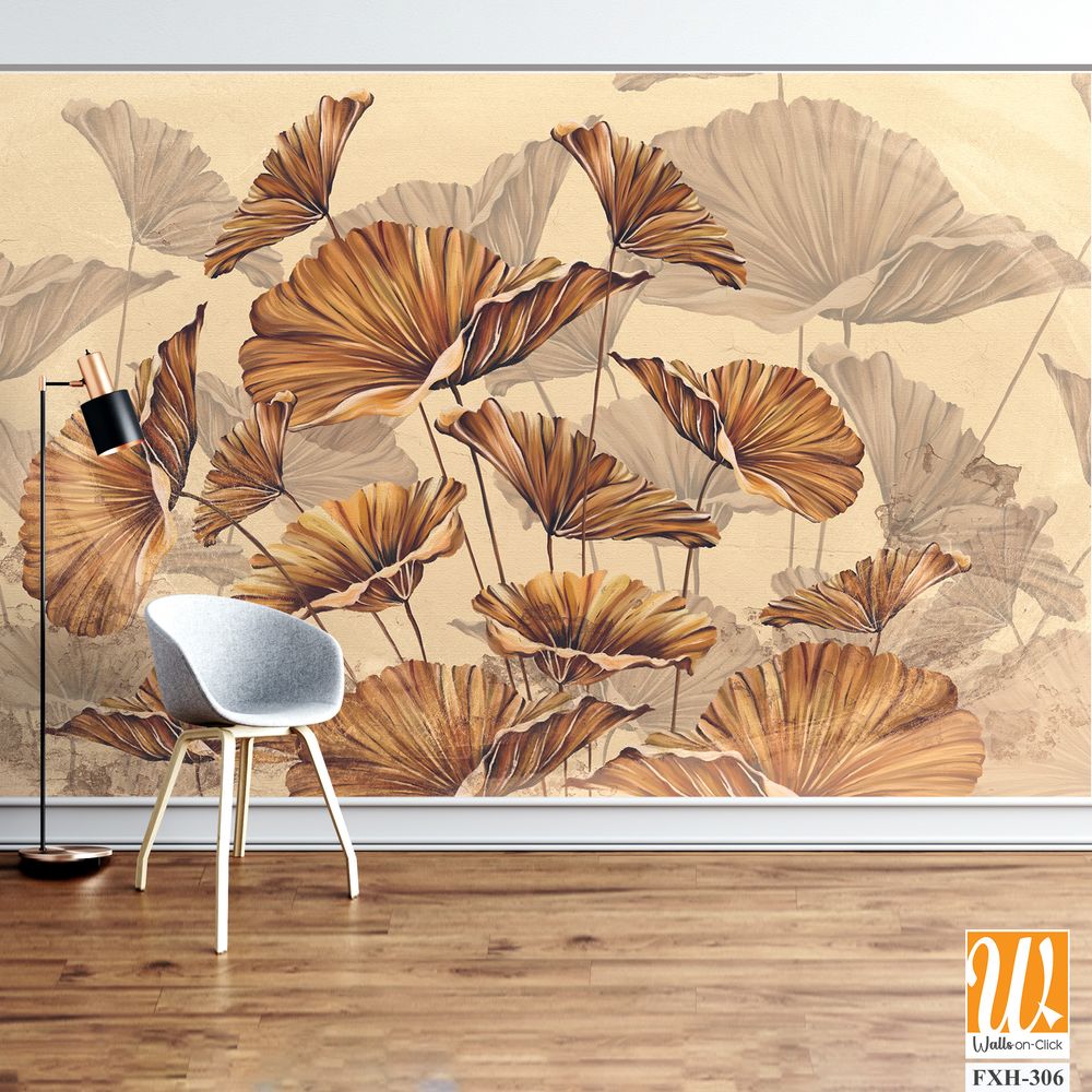 Golden leaves on a beige textured wall, art drawing, interior photo wallpaper [WP-FXH-306]