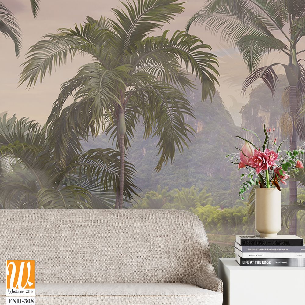 Tropical trees and leaves in foggy forest wallpaper design - 3D illustration [WP-FXH-308]