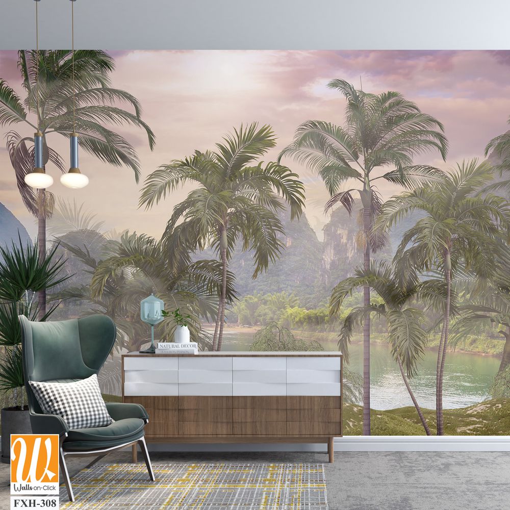 Tropical trees and leaves in foggy forest wallpaper design - 3D illustration [WP-FXH-308]