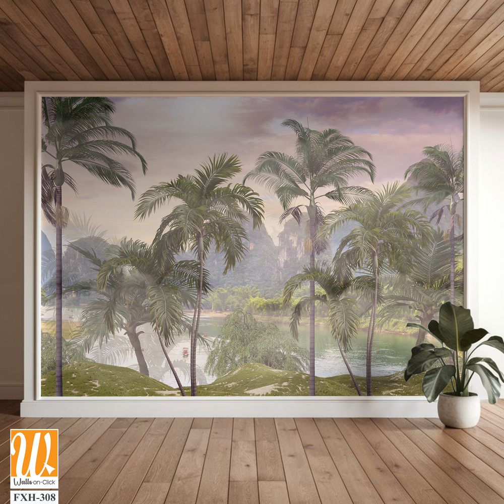 Tropical trees and leaves in foggy forest wallpaper design - 3D illustration [WP-FXH-308]