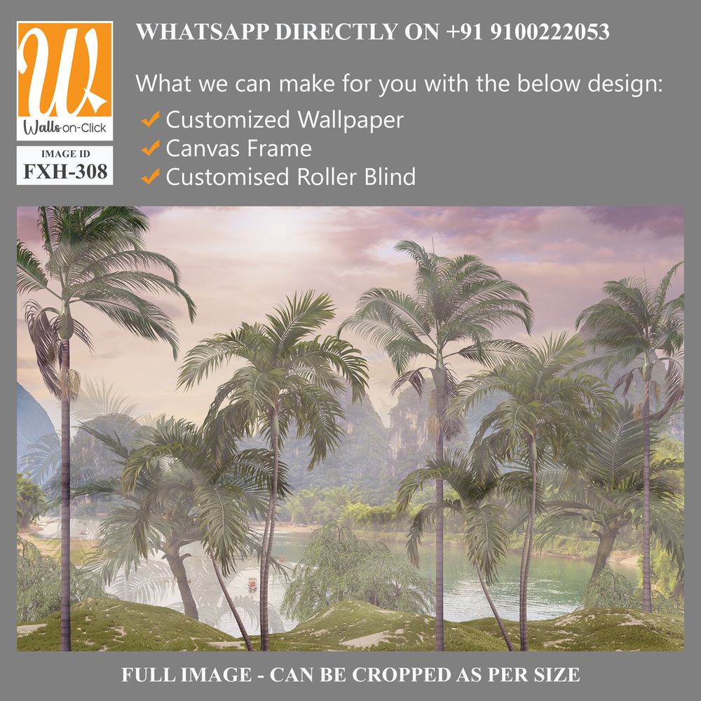 Tropical trees and leaves in foggy forest wallpaper design - 3D illustration [WP-FXH-308]