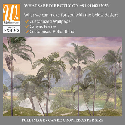 Tropical trees and leaves in foggy forest wallpaper design - 3D illustration [WP-FXH-308]