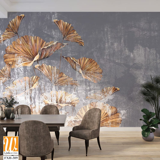 Gold art painted leaves on a gray worn texture background, photo wallpaper in the interior of the room [WP-FXH-309]