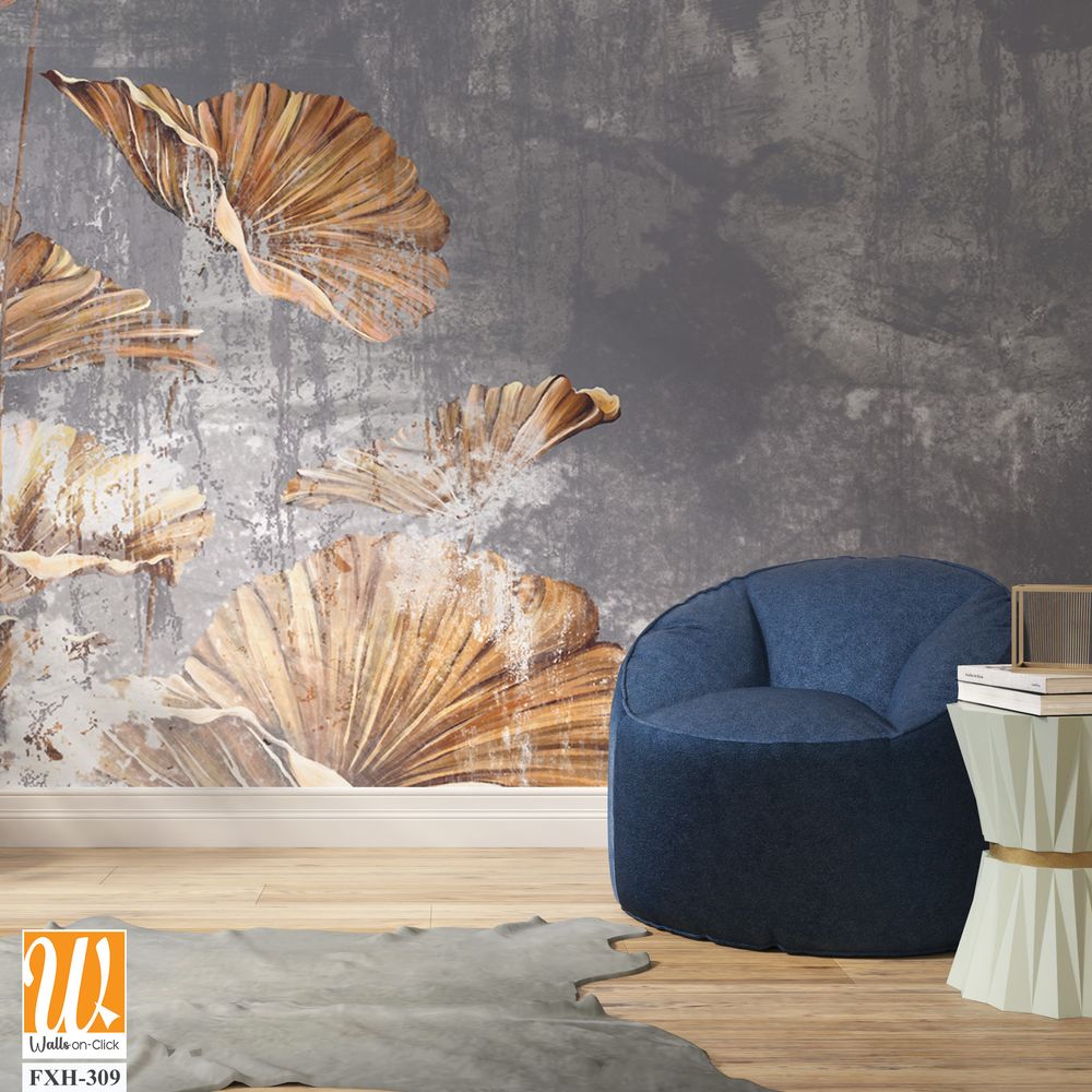 Gold art painted leaves on a gray worn texture background, photo wallpaper in the interior of the room [WP-FXH-309]