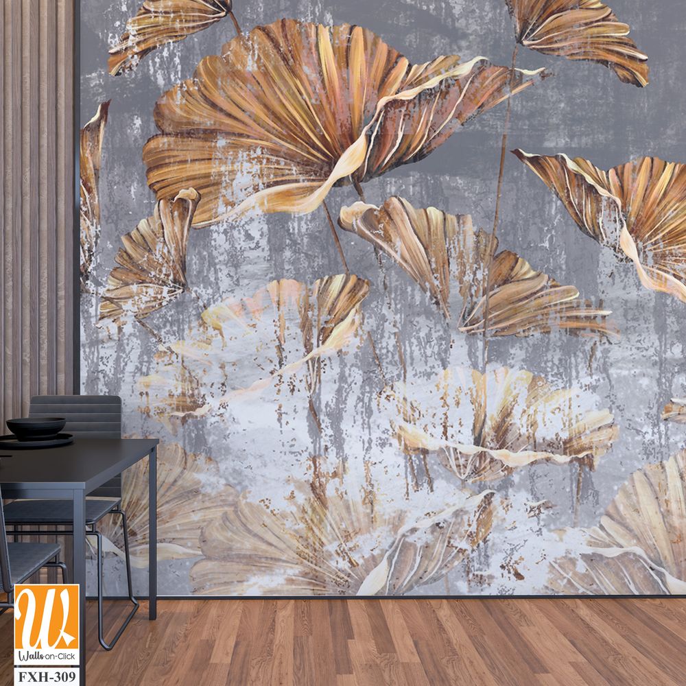 Gold art painted leaves on a gray worn texture background, photo wallpaper in the interior of the room [WP-FXH-309]