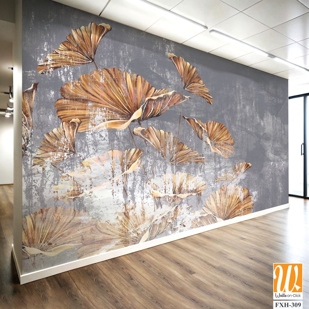 Gold art painted leaves on a gray worn texture background, photo wallpaper in the interior of the room [WP-FXH-309]