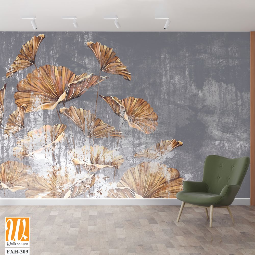 Gold art painted leaves on a gray worn texture background, photo wallpaper in the interior of the room [WP-FXH-309]