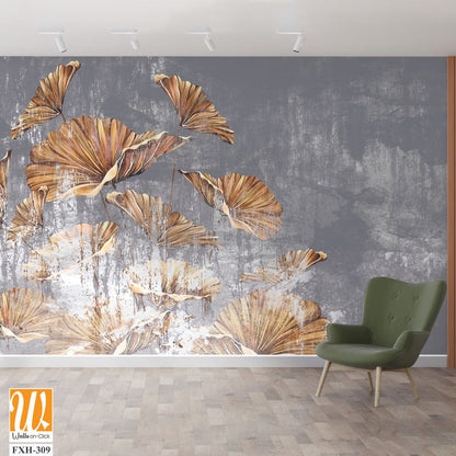 Gold art painted leaves on a gray worn texture background, photo wallpaper in the interior of the room [WP-FXH-309]