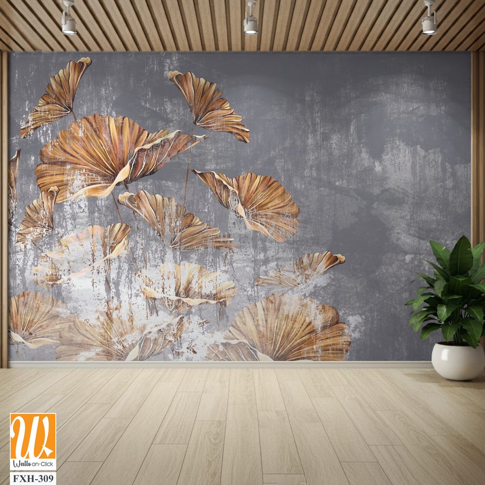 Gold art painted leaves on a gray worn texture background, photo wallpaper in the interior of the room [WP-FXH-309]