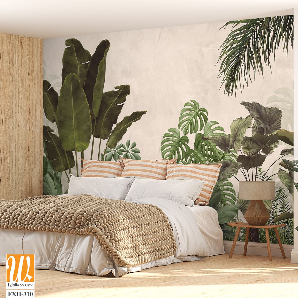 Tropical trees and leaves in foggy forest wallpaper design - 3D illustration [WP-FXH-310]