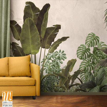 Tropical trees and leaves in foggy forest wallpaper design - 3D illustration [WP-FXH-310]