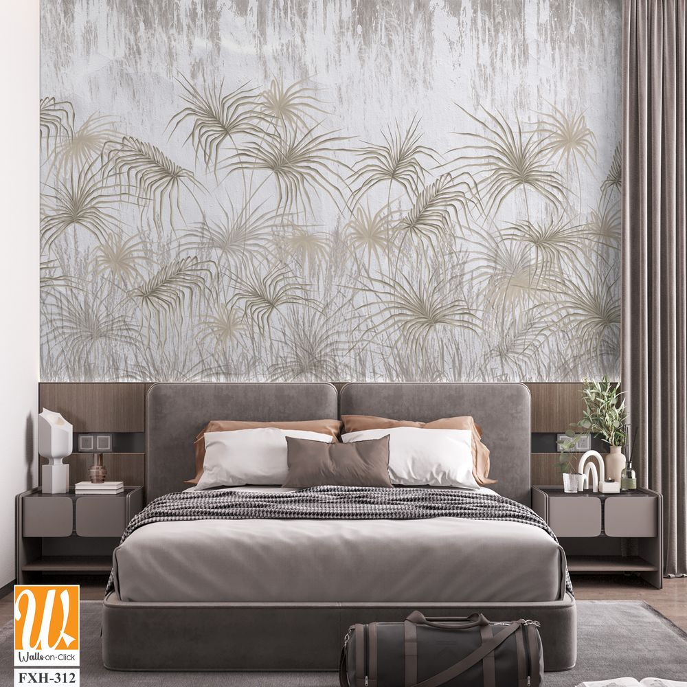 Tropical palm leaves on a texture background, art drawing, photo wallpaper [WP-FXH-312]