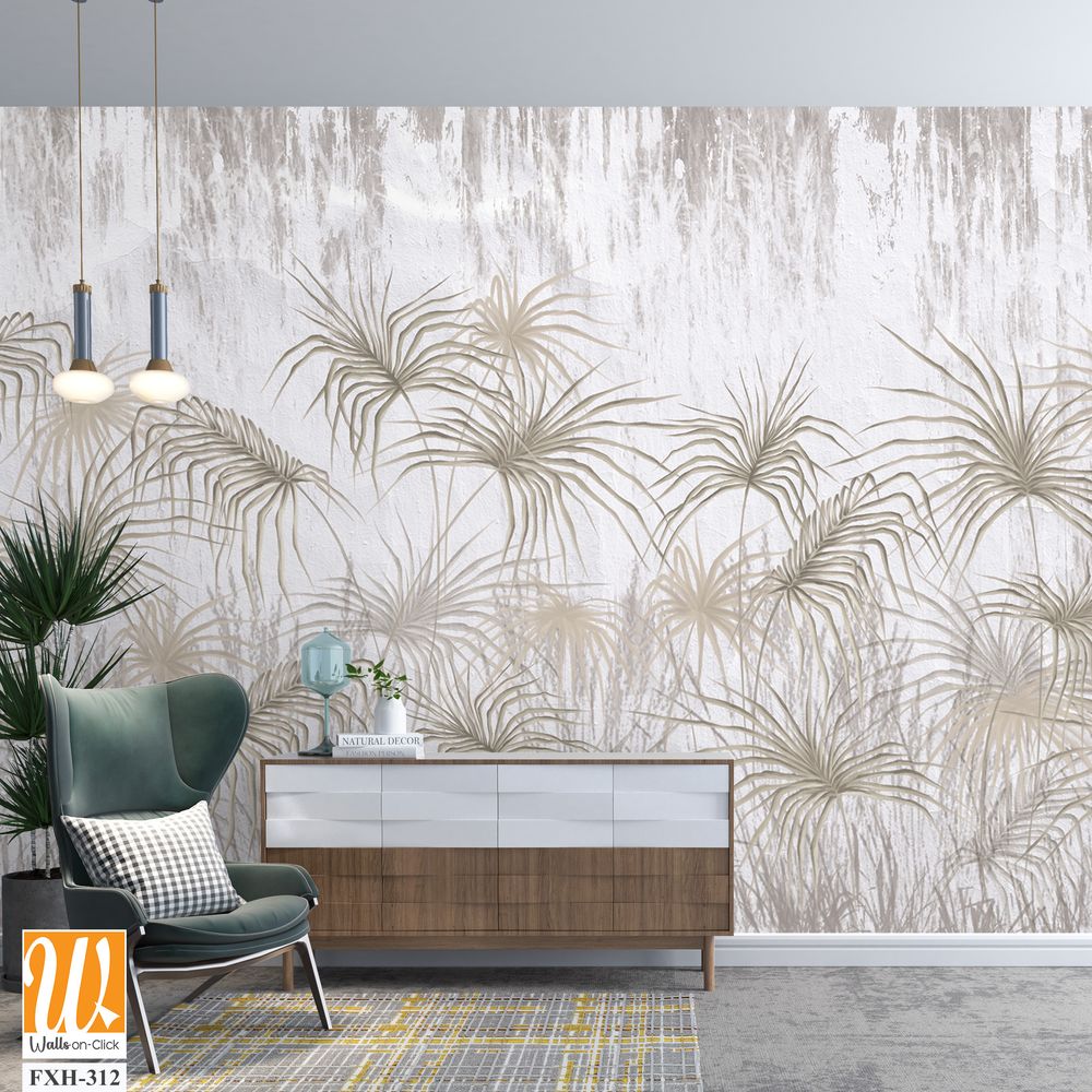 Tropical palm leaves on a texture background, art drawing, photo wallpaper [WP-FXH-312]