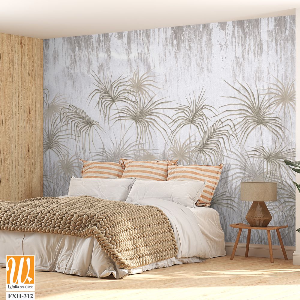 Tropical palm leaves on a texture background, art drawing, photo wallpaper [WP-FXH-312]