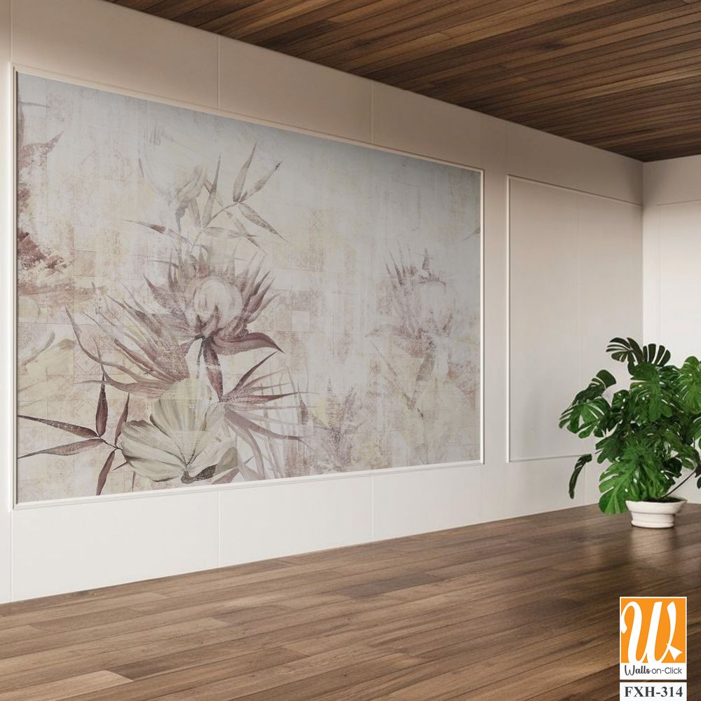 Retro textured tiled background with a shabby texture, which depicts worn art flowers and leaves, wall murals for the interior [WP-FXH-314]