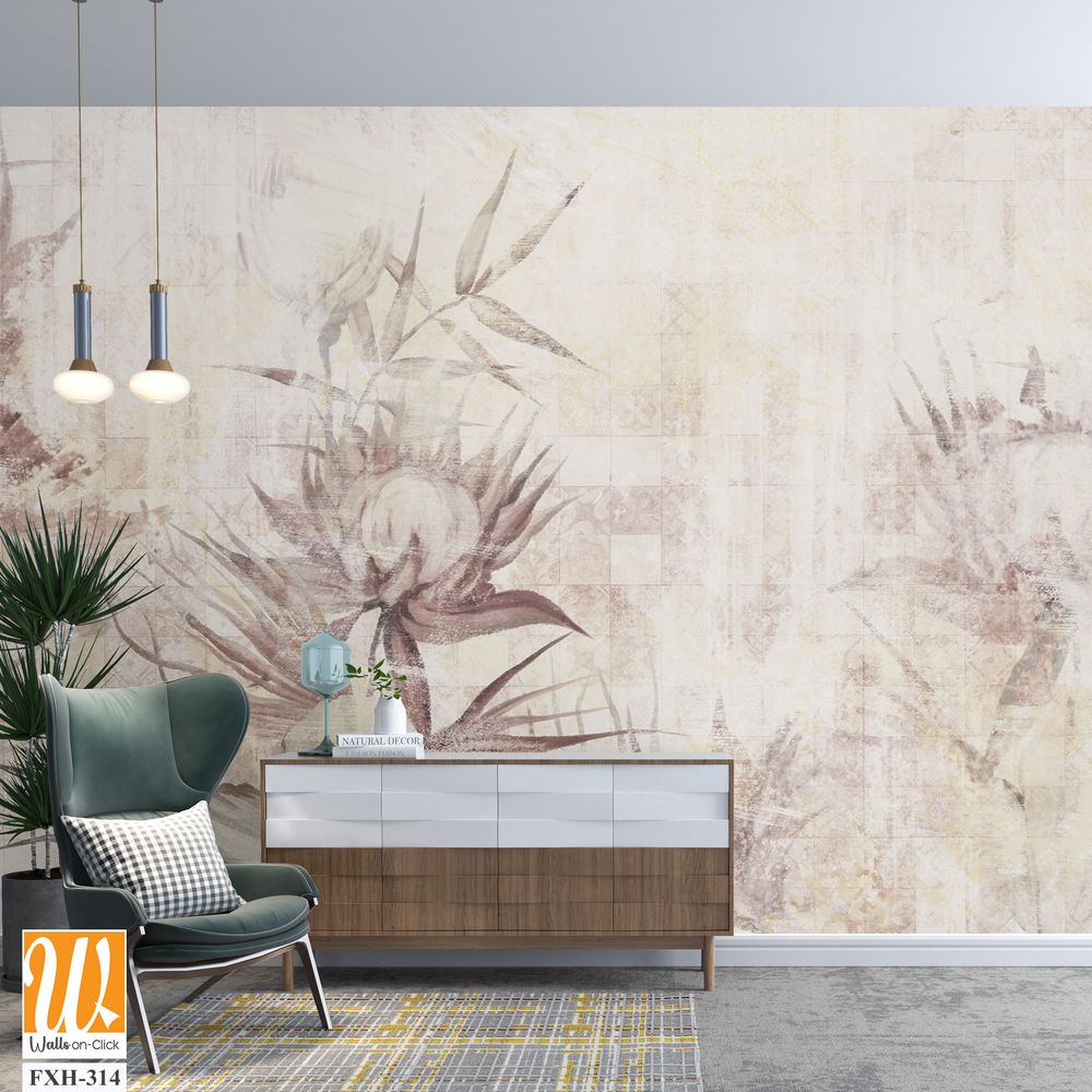 Retro textured tiled background with a shabby texture, which depicts worn art flowers and leaves, wall murals for the interior [WP-FXH-314]