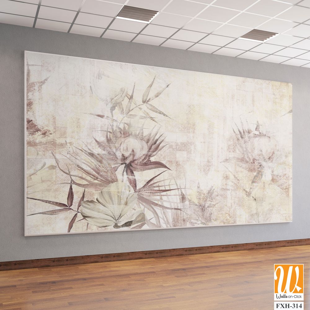 Retro textured tiled background with a shabby texture, which depicts worn art flowers and leaves, wall murals for the interior [WP-FXH-314]