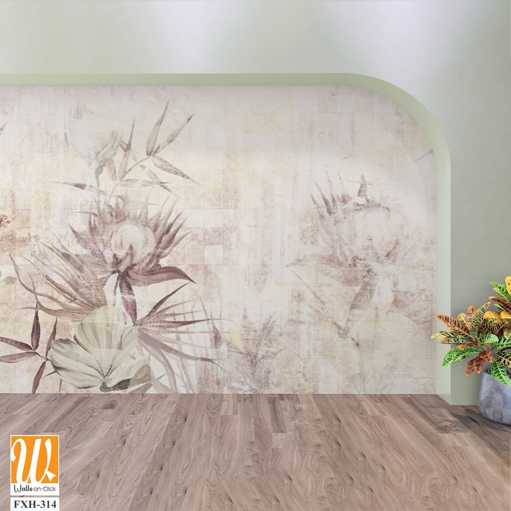 Retro textured tiled background with a shabby texture, which depicts worn art flowers and leaves, wall murals for the interior [WP-FXH-314]