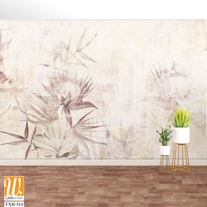 Retro textured tiled background with a shabby texture, which depicts worn art flowers and leaves, wall murals for the interior [WP-FXH-314]