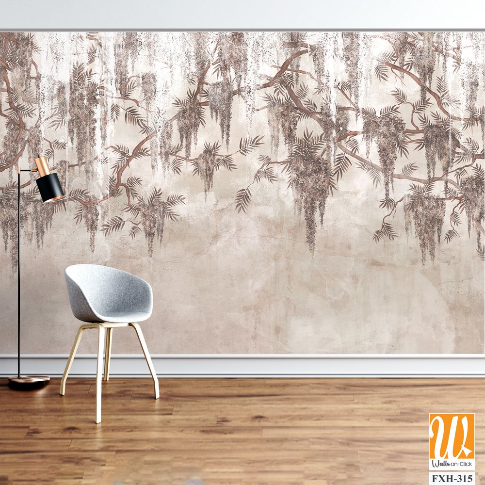 Vintage photo wallpaper which depicts branches with flowers with worn elements [WP-FXH-315]