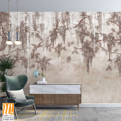 Vintage photo wallpaper which depicts branches with flowers with worn elements [WP-FXH-315]