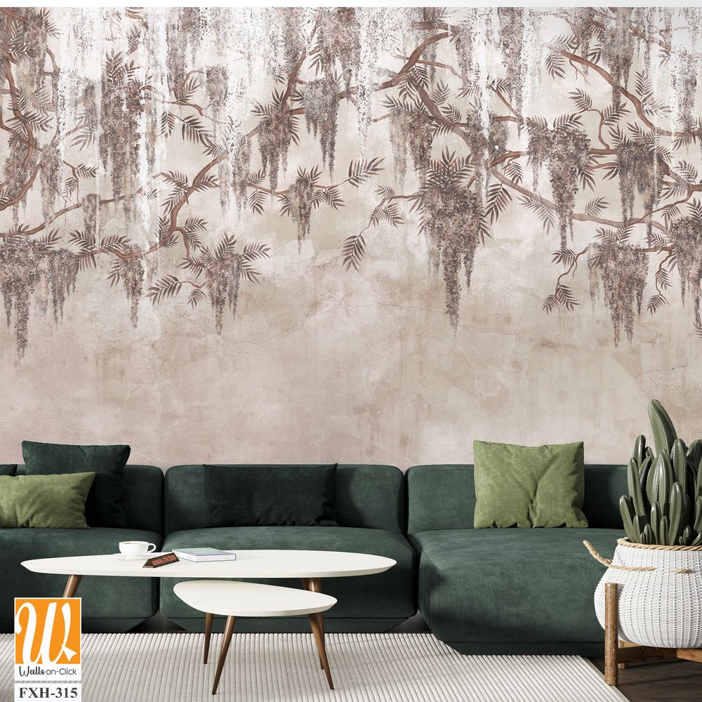 Vintage photo wallpaper which depicts branches with flowers with worn elements [WP-FXH-315]