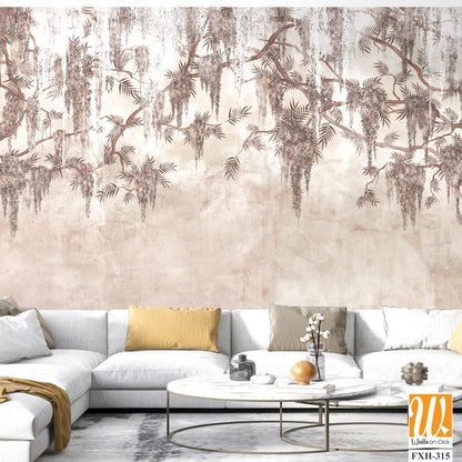 Vintage photo wallpaper which depicts branches with flowers with worn elements [WP-FXH-315]