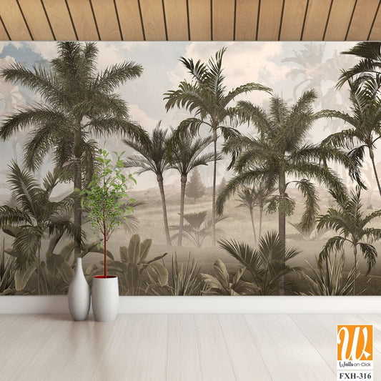 Tropical trees and leaves in foggy forest wallpaper design - 3D illustration [WP-FXH-316]