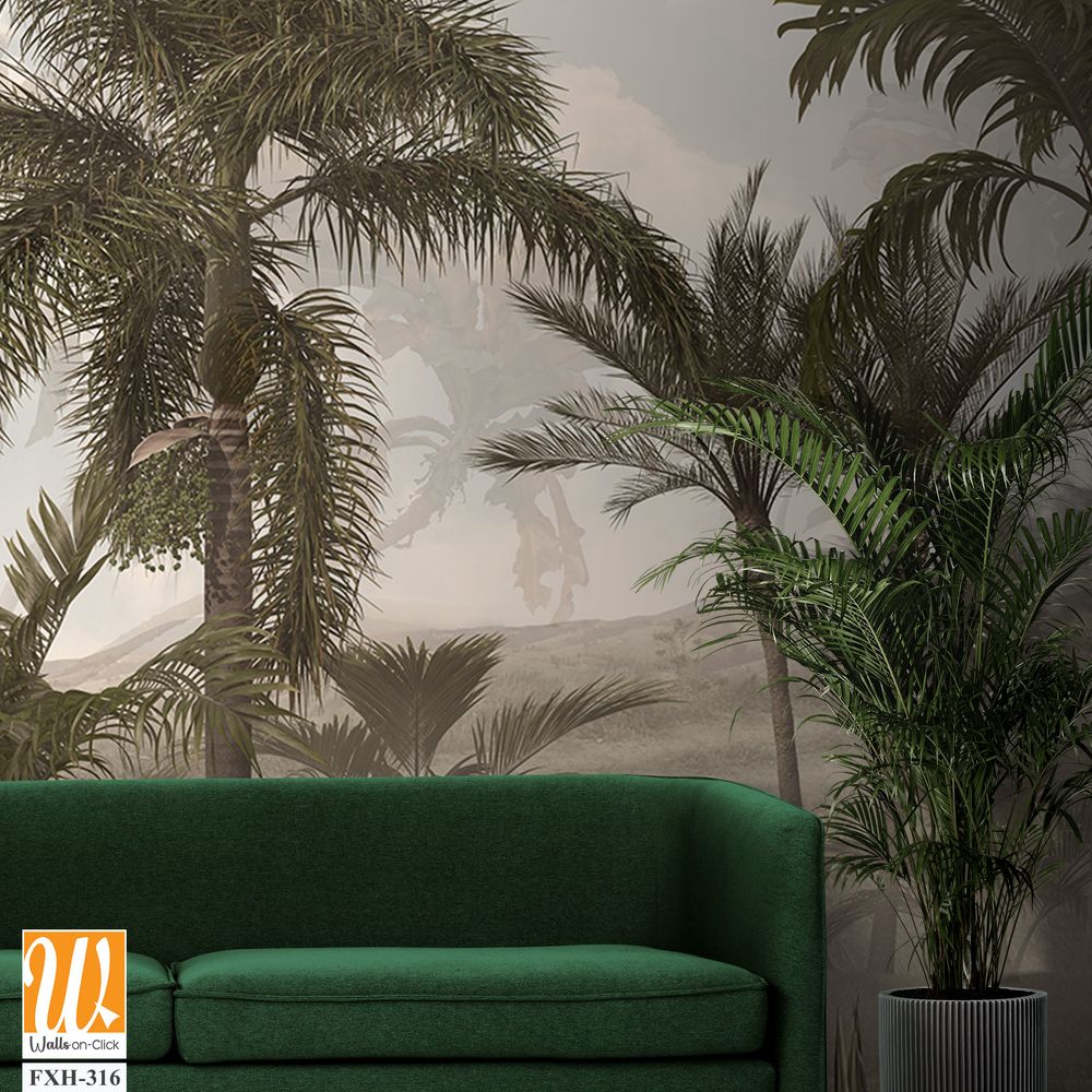 Tropical trees and leaves in foggy forest wallpaper design - 3D illustration [WP-FXH-316]