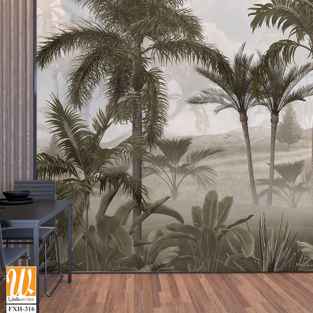 Tropical trees and leaves in foggy forest wallpaper design - 3D illustration [WP-FXH-316]