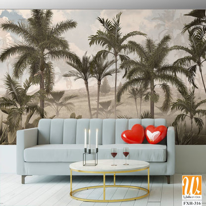 Tropical trees and leaves in foggy forest wallpaper design - 3D illustration [WP-FXH-316]