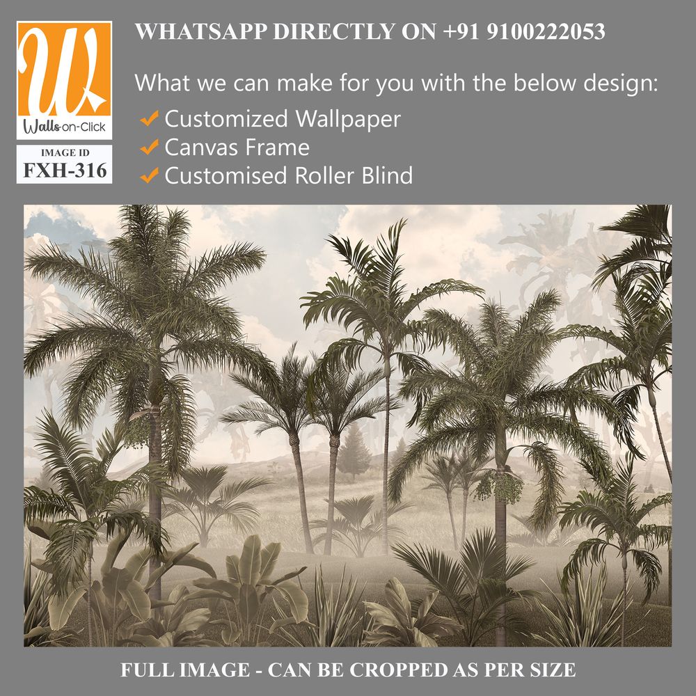 Tropical trees and leaves in foggy forest wallpaper design - 3D illustration [WP-FXH-316]