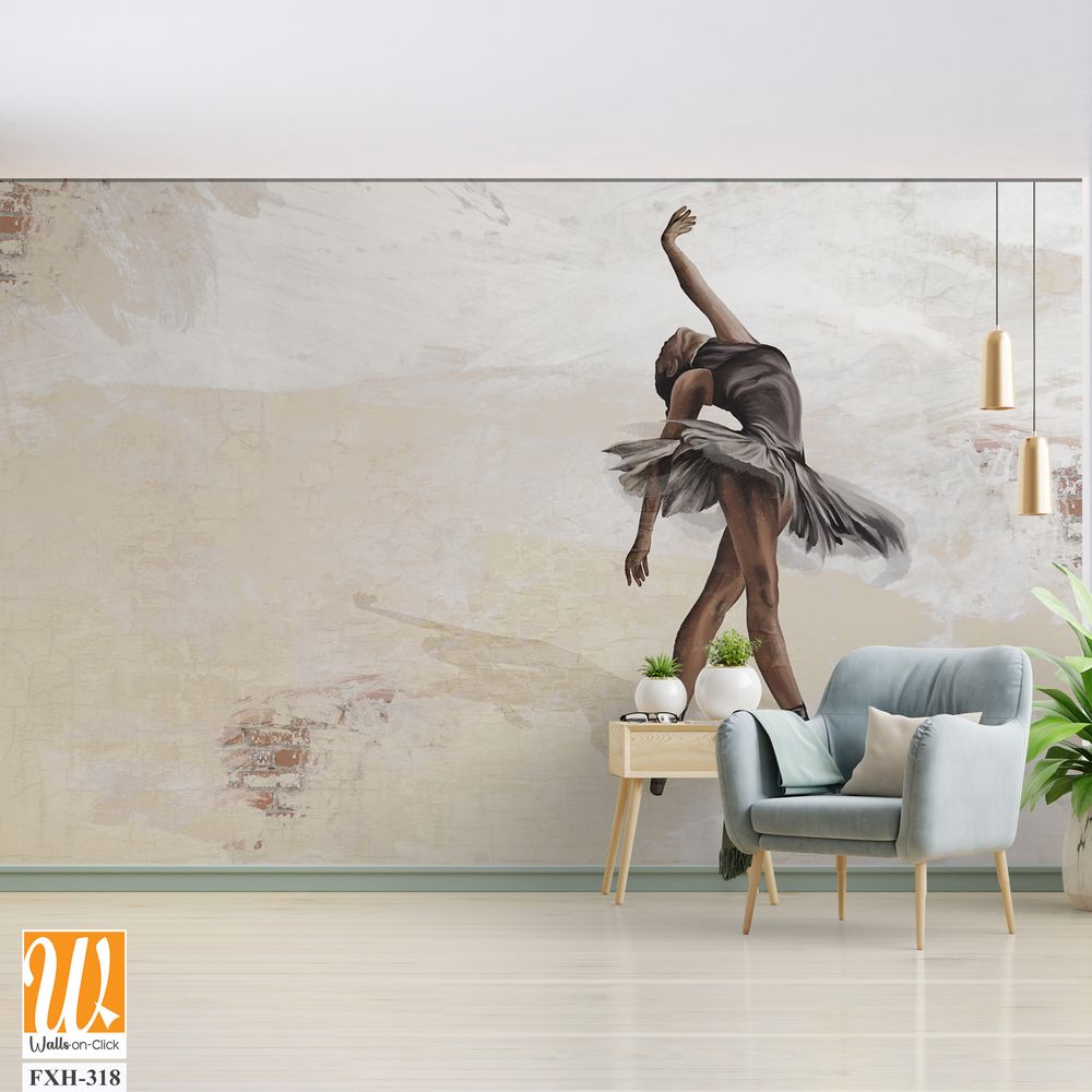 Art ballerina on a textured background with scuffs and a brick texture, photo wallpaper for the interior [WP-FXH-318]