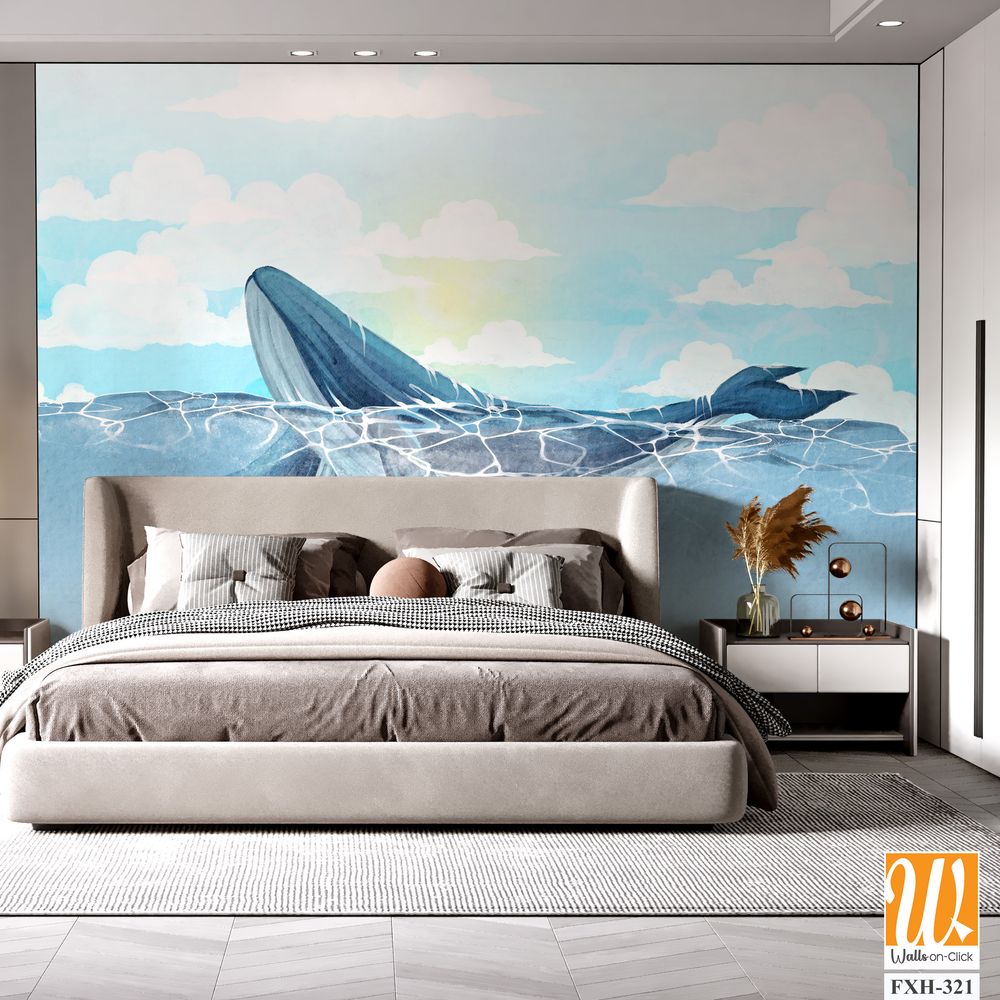 Adult whale with a small whale swimming in the ocean against a cloudy sky art drawing on watercolor paper, interior photo wallpaper [WP-FXH-321]