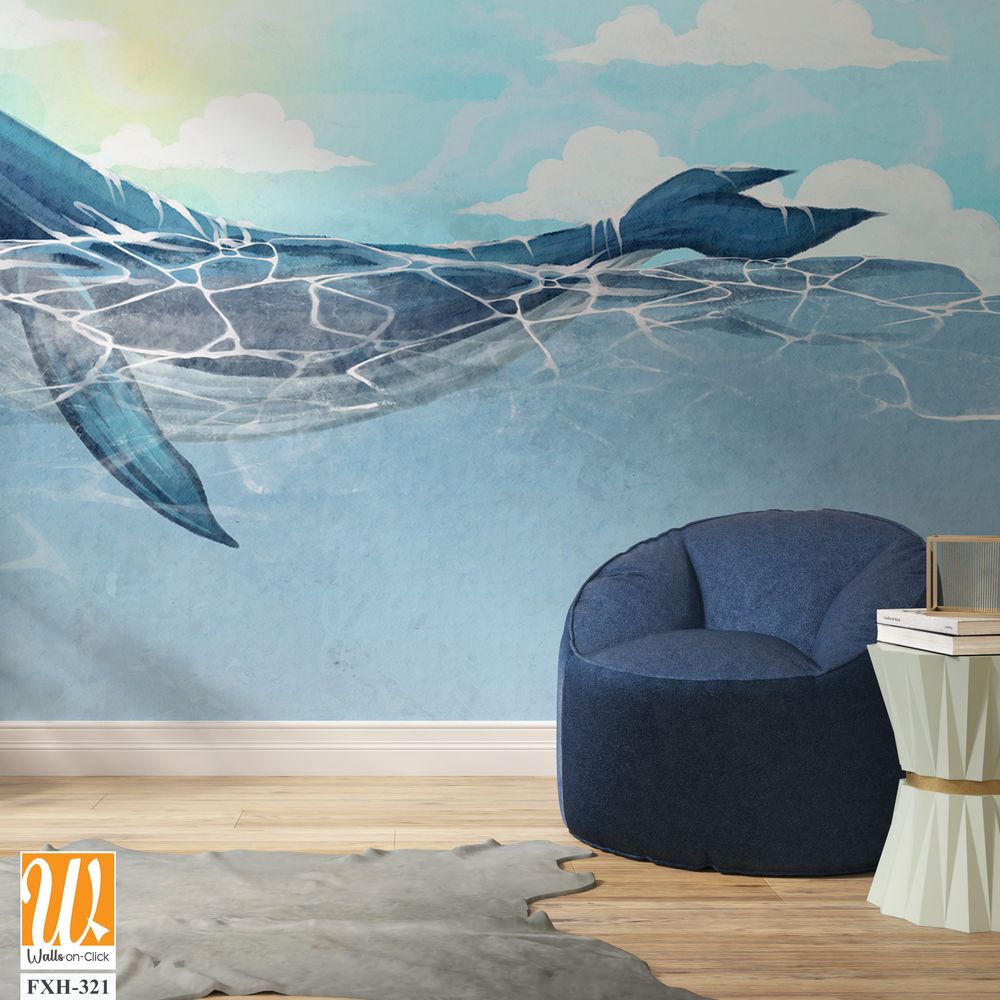 Adult whale with a small whale swimming in the ocean against a cloudy sky art drawing on watercolor paper, interior photo wallpaper [WP-FXH-321]