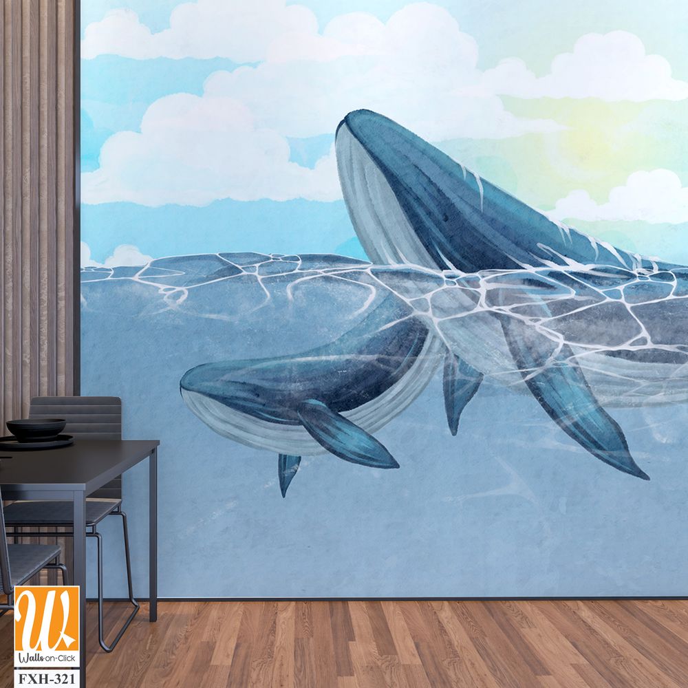 Adult whale with a small whale swimming in the ocean against a cloudy sky art drawing on watercolor paper, interior photo wallpaper [WP-FXH-321]