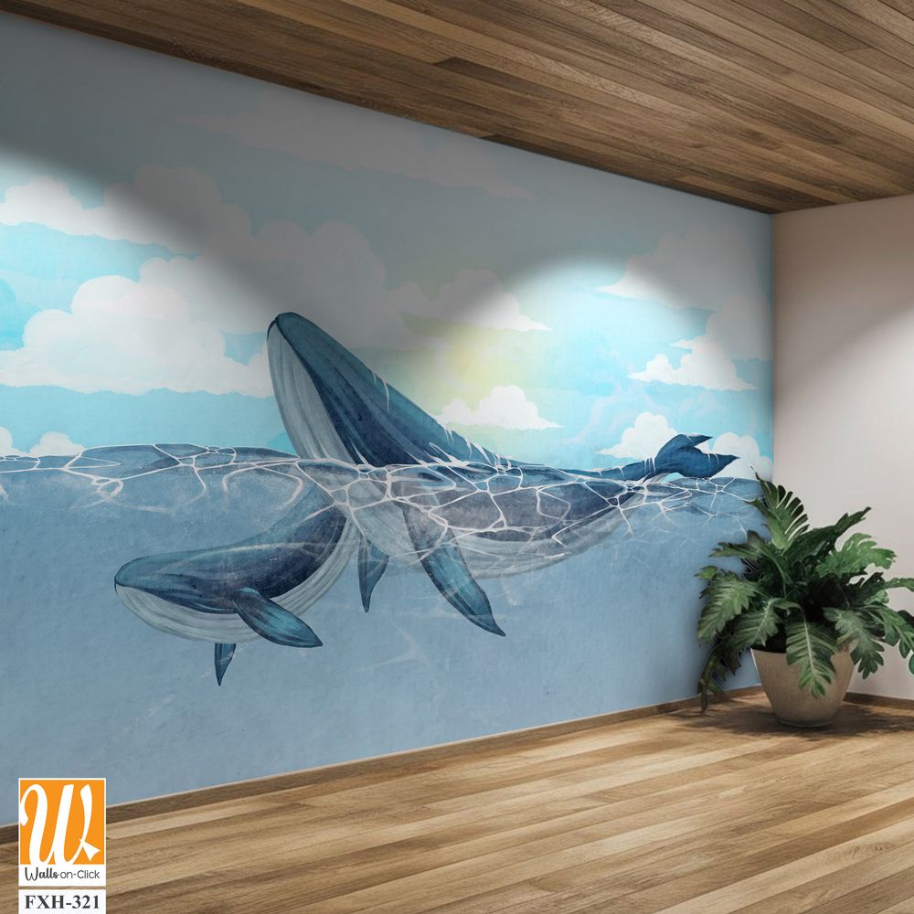 Adult whale with a small whale swimming in the ocean against a cloudy sky art drawing on watercolor paper, interior photo wallpaper [WP-FXH-321]