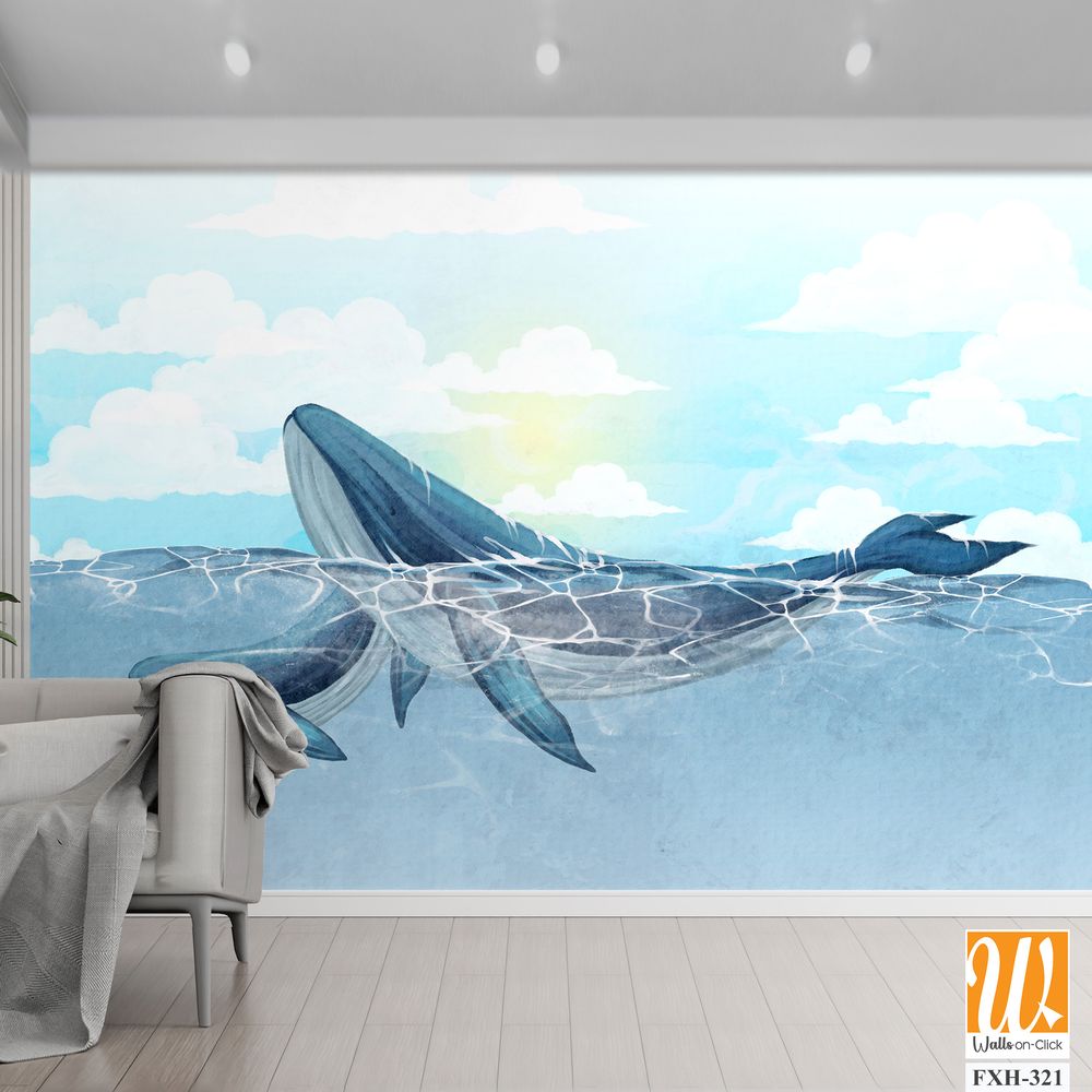 Adult whale with a small whale swimming in the ocean against a cloudy sky art drawing on watercolor paper, interior photo wallpaper [WP-FXH-321]