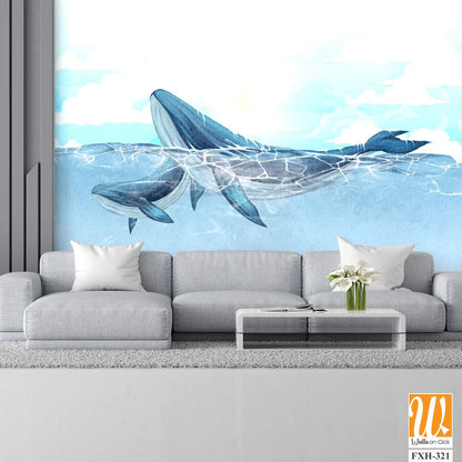 Adult whale with a small whale swimming in the ocean against a cloudy sky art drawing on watercolor paper, interior photo wallpaper [WP-FXH-321]