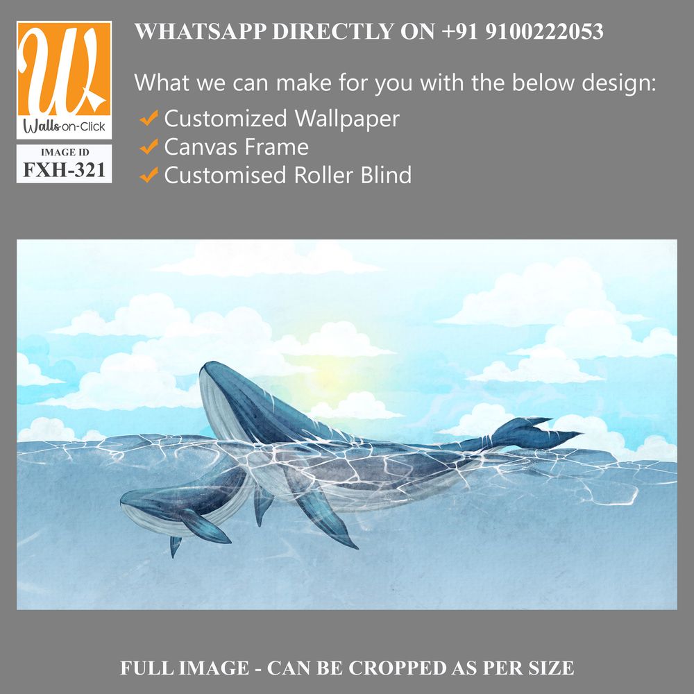 Adult whale with a small whale swimming in the ocean against a cloudy sky art drawing on watercolor paper, interior photo wallpaper [WP-FXH-321]