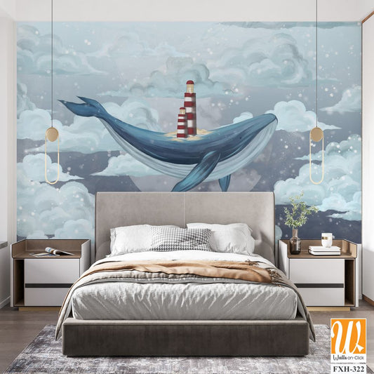 Whale in the starry sky among the clouds with a lighthouse on its back, photo wallpaper for the interior [WP-FXH-322]