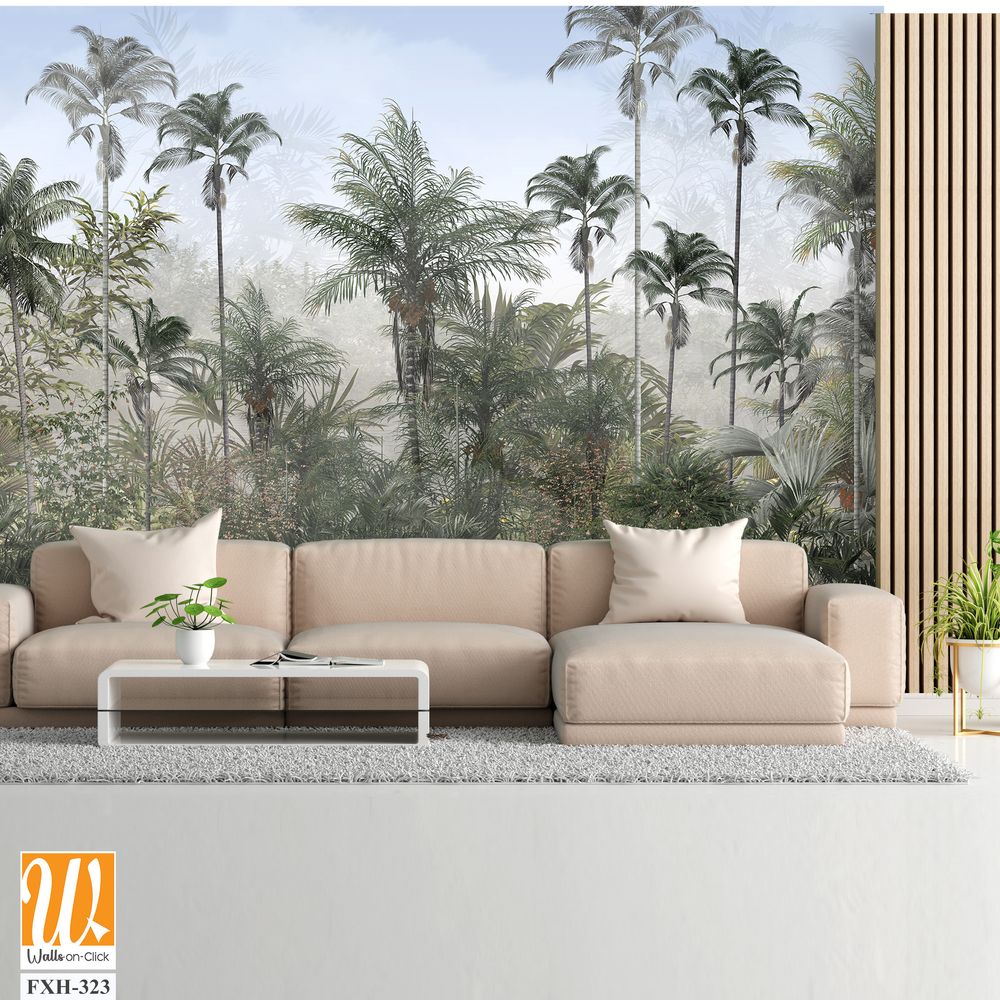 Tropical trees and leaves in foggy forest wallpaper design - 3D illustration [WP-FXH-323]