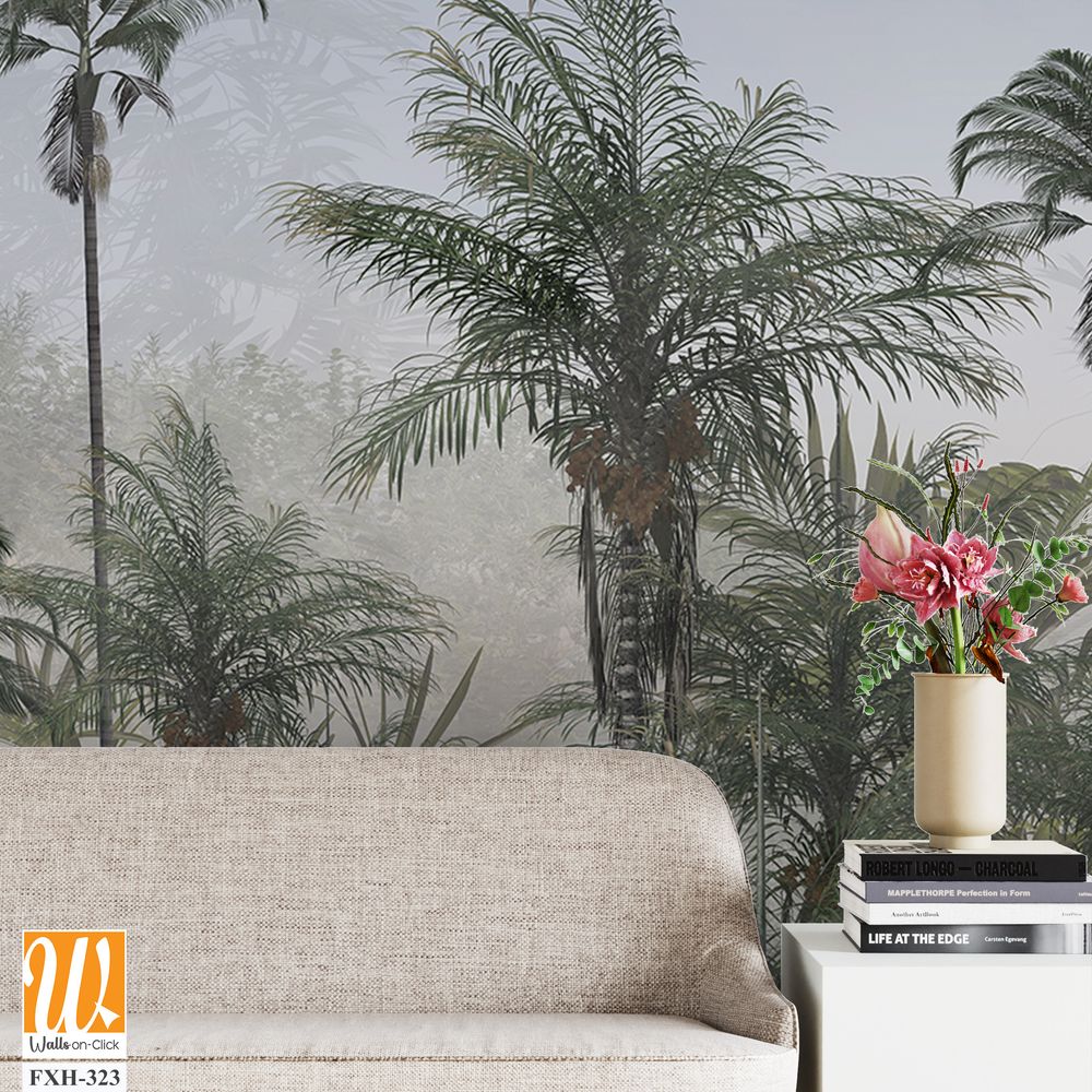 Tropical trees and leaves in foggy forest wallpaper design - 3D illustration [WP-FXH-323]