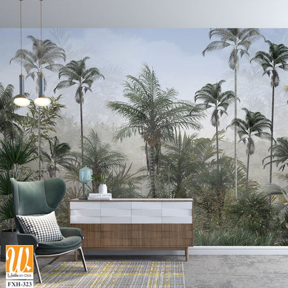 Tropical trees and leaves in foggy forest wallpaper design - 3D illustration [WP-FXH-323]