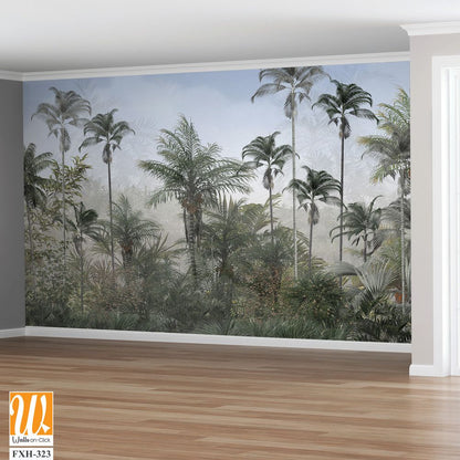 Tropical trees and leaves in foggy forest wallpaper design - 3D illustration [WP-FXH-323]