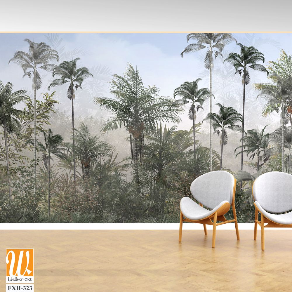 Tropical trees and leaves in foggy forest wallpaper design - 3D illustration [WP-FXH-323]