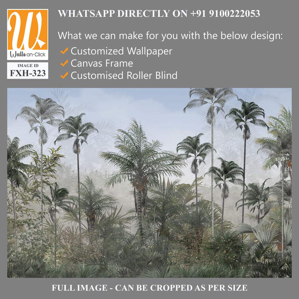 Tropical trees and leaves in foggy forest wallpaper design - 3D illustration [WP-FXH-323]