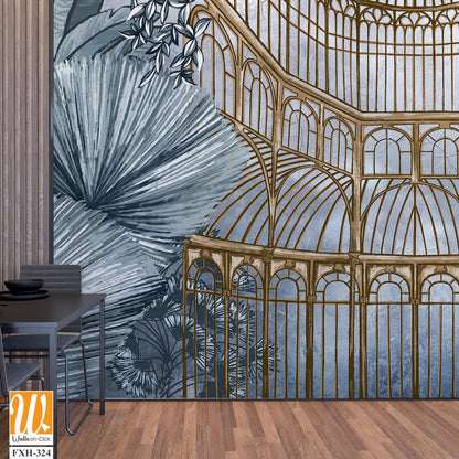 Graphic illustration of a greenhouse. Floral wallpaper with exotic jungle leaves and plants. Abstract botanical design for photo wallpaper, wallpaper, mural, card. [WP-FXH-324]